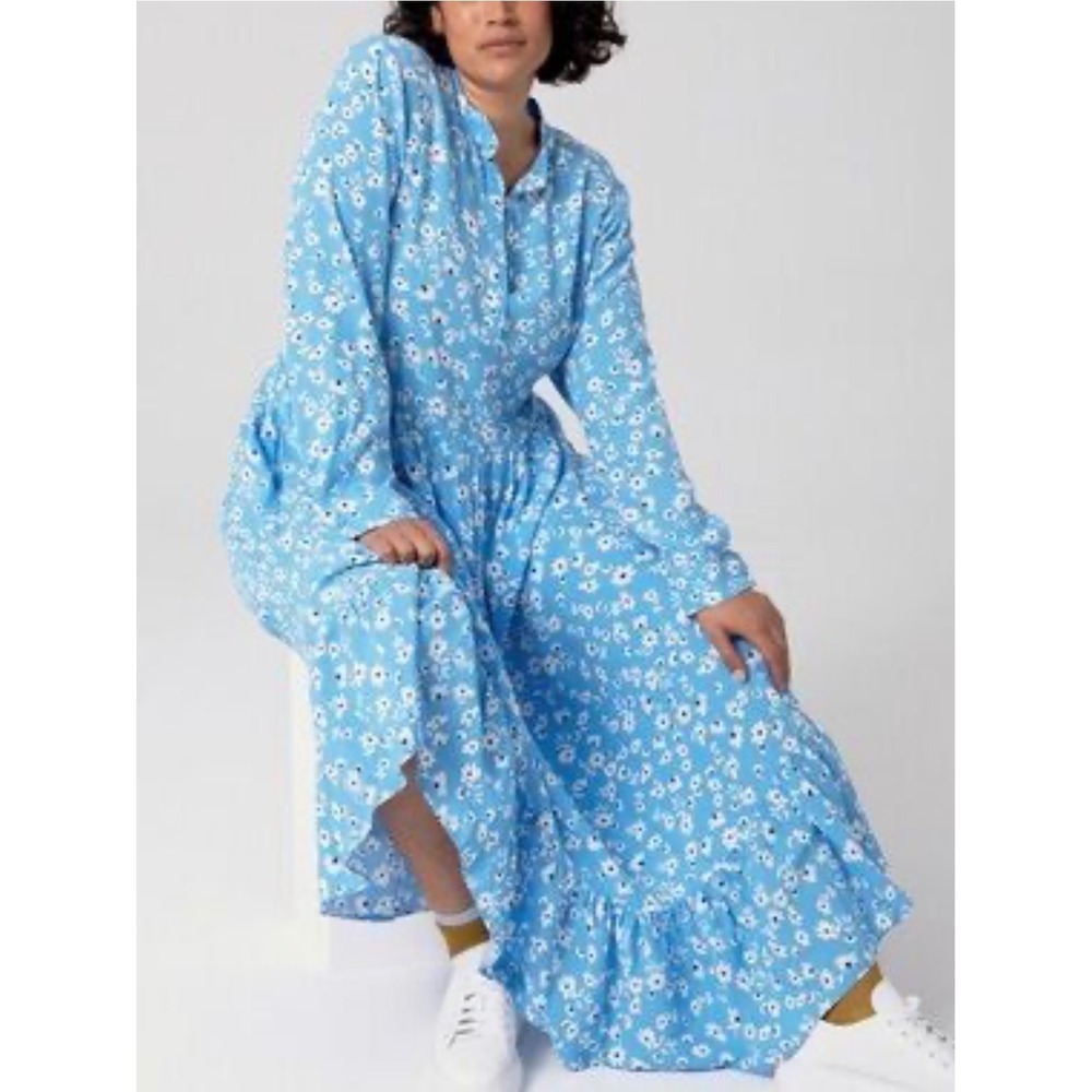 Mare Mare x Anthropologie Midi Dress Women Small Blue Floral‎ Tiered Boho Casual
